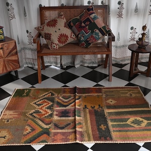 Tappeto Kilim in lana e iuta tessuto a mano: patchwork astratto terroso, 3 x 5 piedi