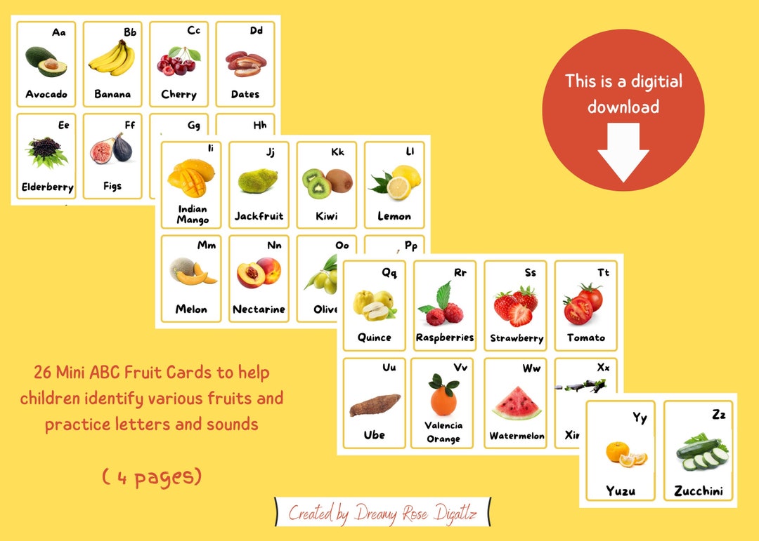ABC Flashcards Alphabets Fruit Flashcards Montessori Prek Preschool ...