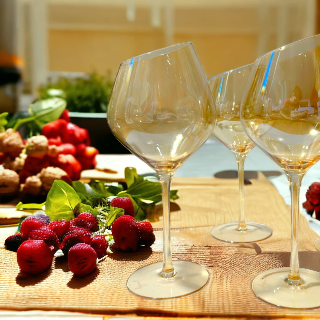 Designer Handblown Crystal Wine Glasses, Unique Amber Design, Perfect