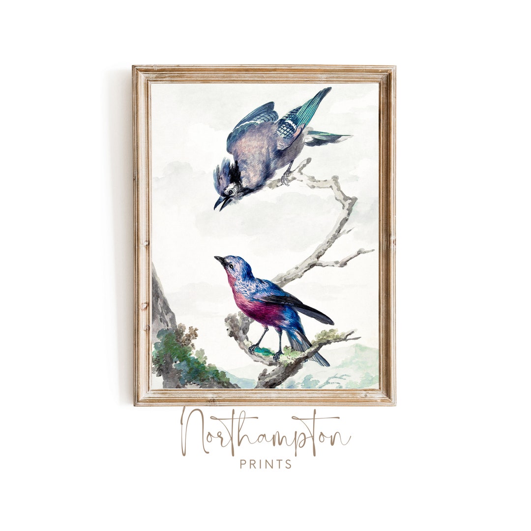 Vintage Wall Art Three Birds in Blue Bird Wall Art Blue Home Decor