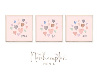 Galleria Wall Art Set / Peace Joy Love / Stampe ispiratrici / Rosa, Nursery, Girls Room / Download digitale istantaneo