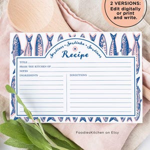 4x6 Sardine's Recipe Card, European Italian Style Pink & blue Recipe Card, Print or edit digitally with JetTemplate #19A
