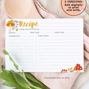 May include: A white recipe card with mushroom illustrations and the word "Recipe" in orange. The card is 4"x6" and includes space for ingredients and directions. A wooden spoon, sage, and flowers surround the card.