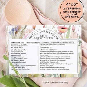 4x6 Las Recetas Secretas de la Mejor Abuela Recipe Card, Abuela Spanish Recipe Card, Flowers, Print or edit digitally with JetTemplate #17A