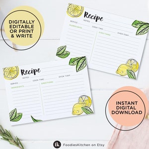 Plantilla de tarjeta de receta de limón editable de 4x6, tarjeta de receta digital, tarjetas de recetas imprimibles, tarjeta de limón amarillo, colección de cajas de tarjetas de recetas Artículo 01