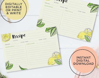 May include: Two recipe cards with lemon and leaf illustrations. The cards have lines for notes, ingredients, cook time, and oven temp. Text on the cards reads "Recipe". The image also includes text that says "Digitally Editable or Print & Write" and "Instant Digital Download".
