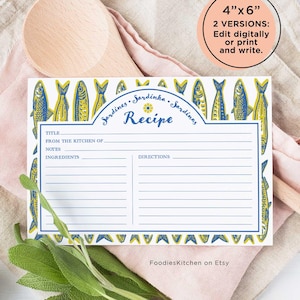 4x6 Sardine's Recipe Card, European Italian Style yellow blue Recipe Card, Print or edit digitally with JetTemplate #18A