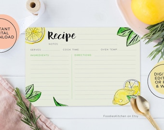 May include: A recipe card with a lemon and basil design. The card includes sections for ingredients, directions, and notes. The words "Recipe", "Instant Digital Download", and "Digitally Editable or Print & Write" are visible.