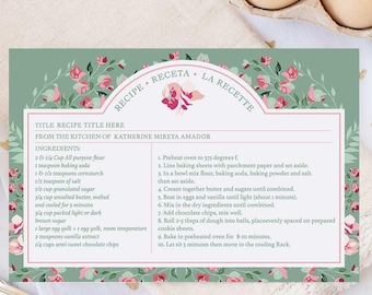Floral Recipe Card, Green and Pink Flower Recipe Card, 4x6 inches, Digitally editable and printable download, item 90A