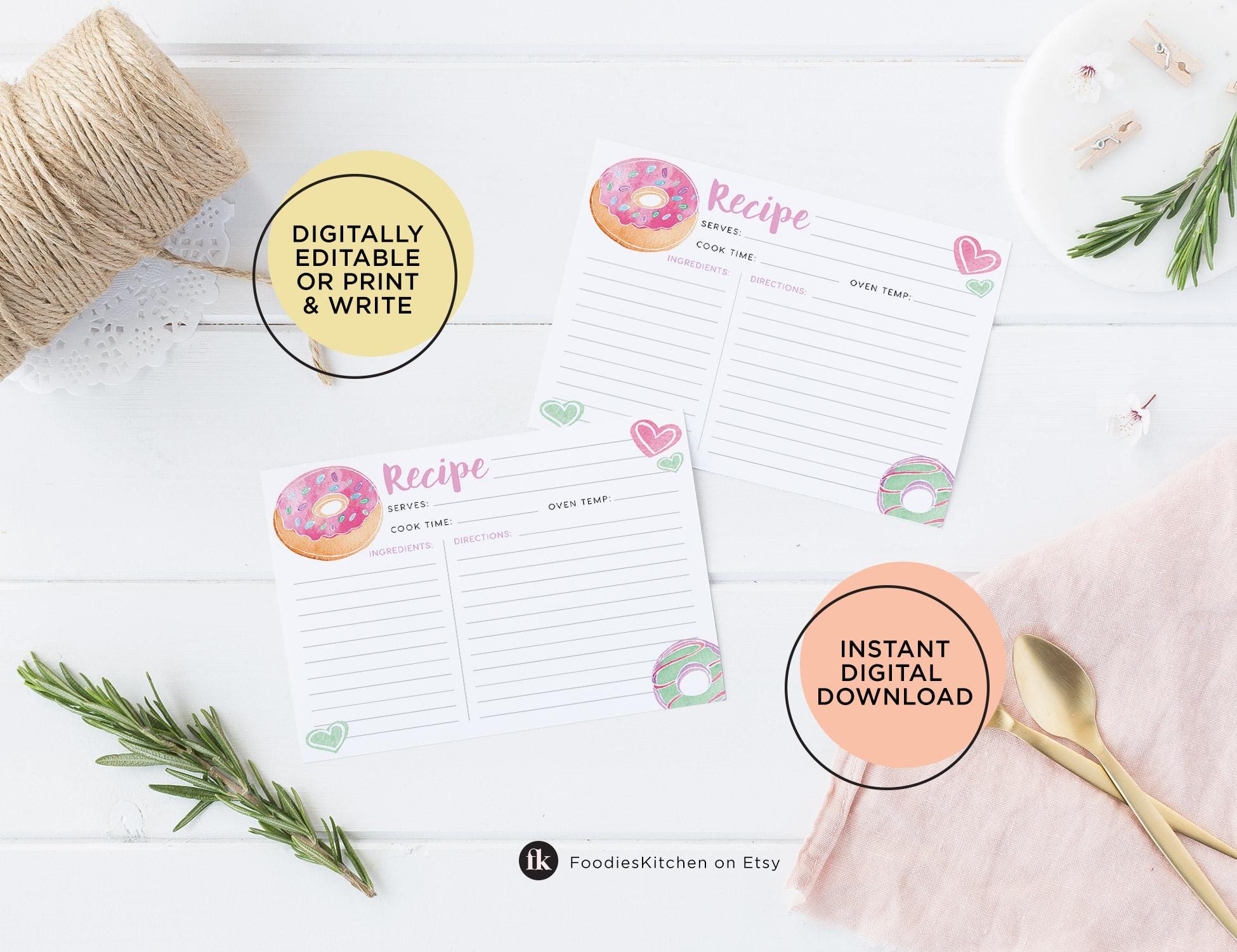 EDITABLE Donut Sweets Recipe Card 4x6 Template, Digital Recipe Card ...