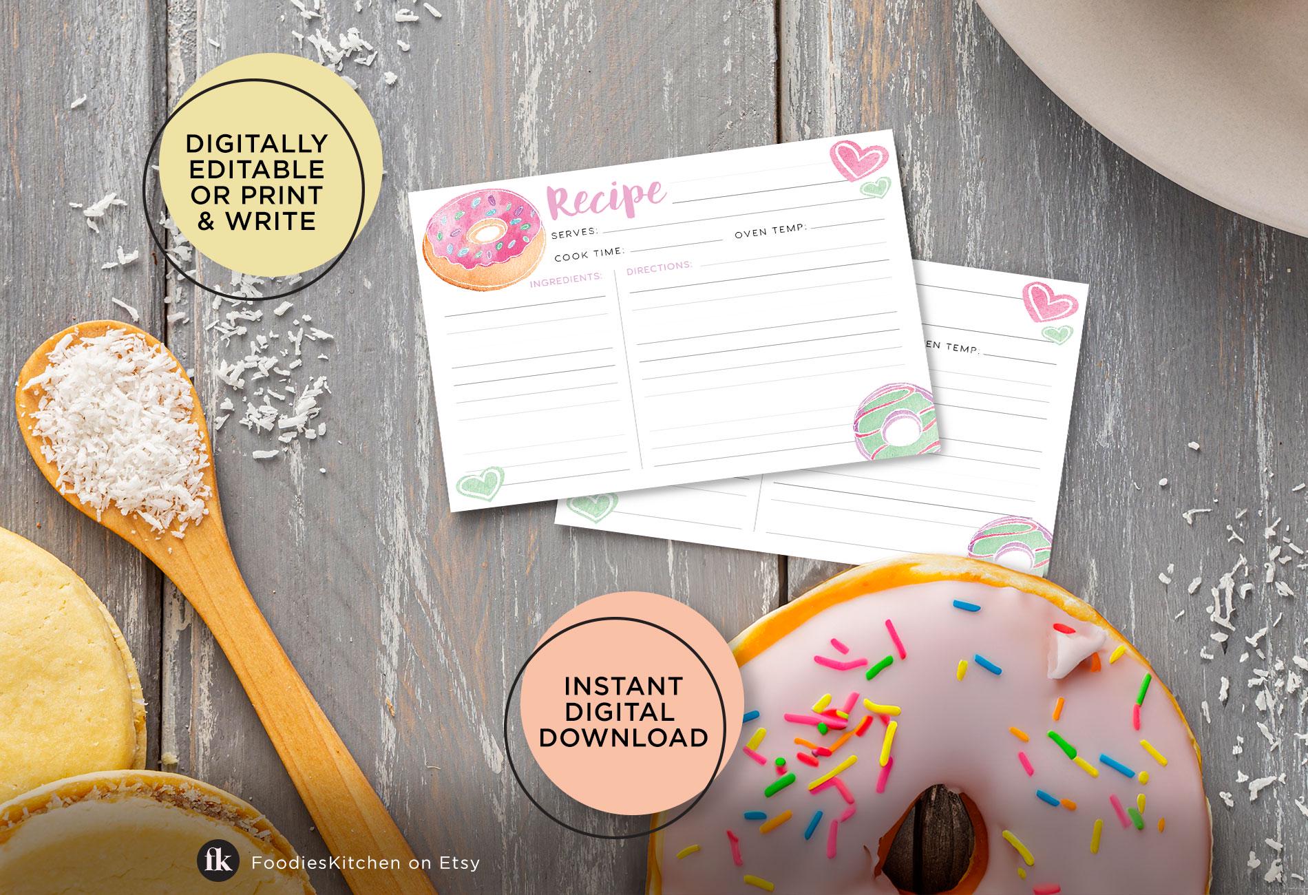EDITABLE Donut Sweets Recipe Card 4x6 Template, Digital Recipe Card ...