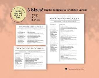 Editable Recipe Card Template, 3 sizes, Digital and Print files, Minimalist Recipe Card, DIY Recipe Card, Edit with JET TEMPLATE, Item #08