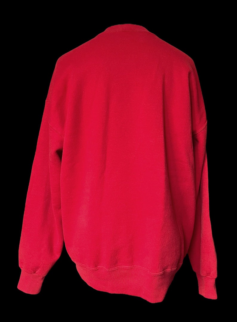 May include: A red sweatshirt with long sleeves and a crew neck.