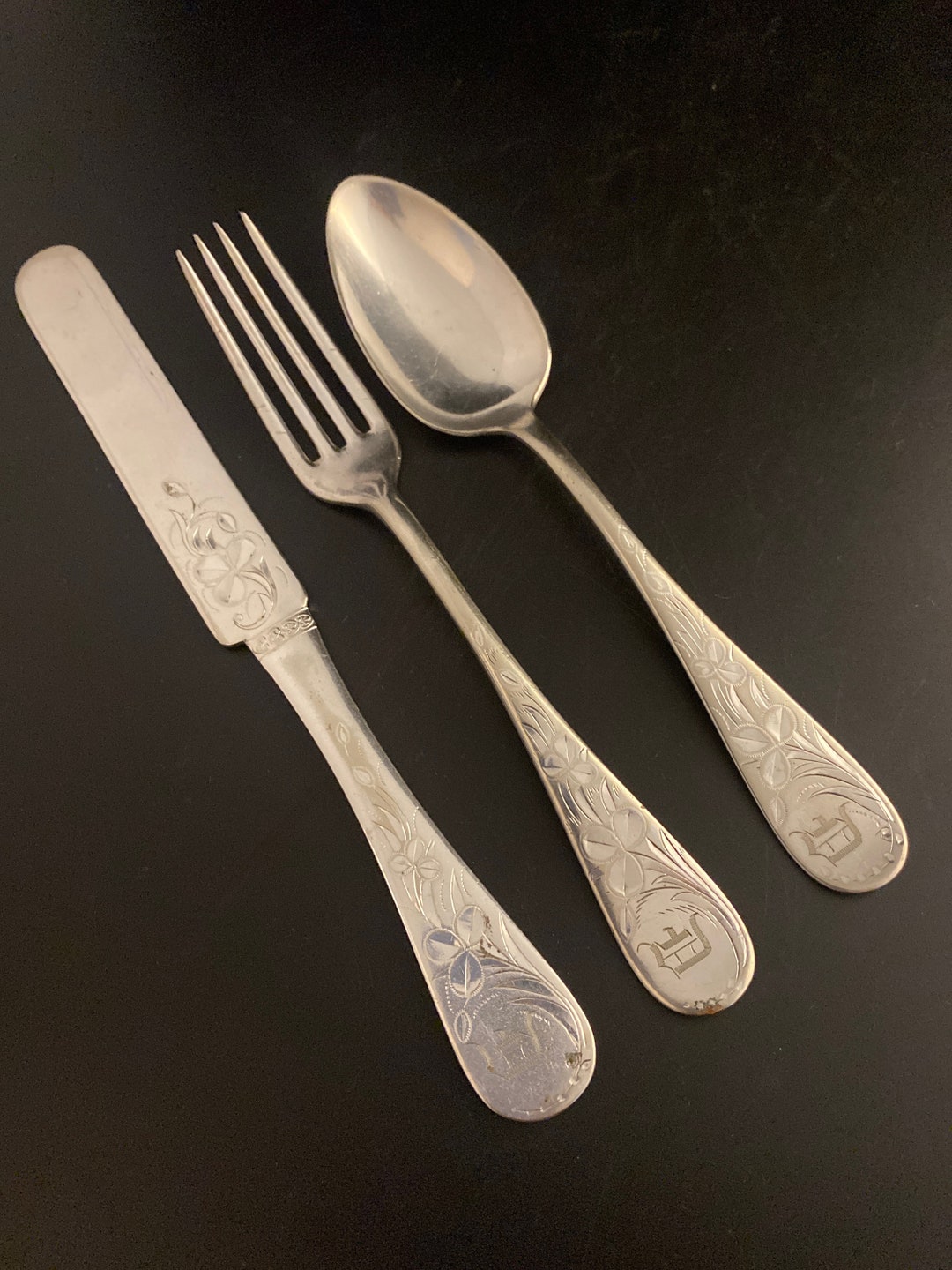 Towle Mfg Co clover Silverplate Teaspoon, Salad Fork and Butte Knife