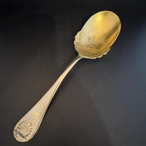 May include: A gold-toned serving spoon with an ornate design featuring a cluster of grapes and leaves. The handle is also decorated with a floral motif.