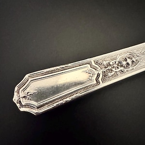 May include: Close-up of a silver utensil with ornate floral and scrollwork detailing. The utensil has a rectangular, polished section and a decorative edge. The background is a solid black.