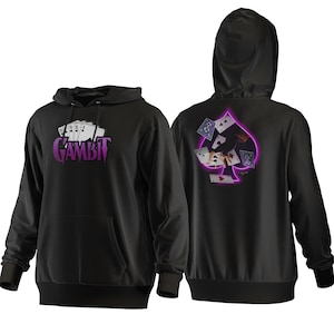 May include: Black hoodie with a front pocket and hood. The front features the word "GAMBIT" in purple with playing cards. The back displays a purple spade with playing cards and a hand.