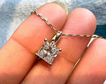 1.23 CT Princess Cut Lab Grown Diamond Necklace, Gold Solitaire Pendant with Diamond Prongs, Lab Created Diamond Jewelry, Anniversary Gift
