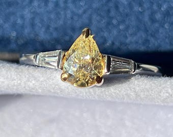0.99 carat Pear cut genuine, natural fancy yellow diamond solitaire ring. Sparkling teardrop Diamond Halo Engagement Ring. Anniversary Gift