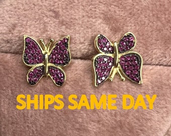 Colorful butterfly earrings with genuine pink tourmaline. Large pink and black butterfly bridal earrings in silver for her. Wedding gifts.