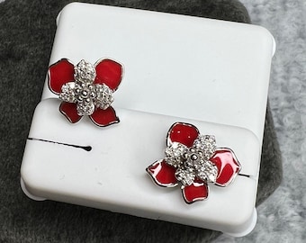 Double flower petals with red and white colors earring studs in 925 sterling silver. Diamond petal red floral earring in multi layer color.