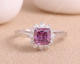 Pink and Purple Diamond Ring | Emerald Cut Ring Sterling Silver | Engagement Diamond Ring | Sakura Diamond Wedding Ring | Unique Ring