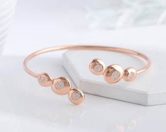 Rose Gold color Diamond Cuff Bracelet | Adjustable Diamond Bangle Bracelet in Sterling Silver | Flexible Everyday Bracelet | Oval Bracelet