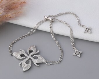 Four Petals Flower Bracelet | Loose Double Chain Bracelet in Sterling Silver | Everyday Diamond Bracelet | Wedding Gift | Flexible Bracelet