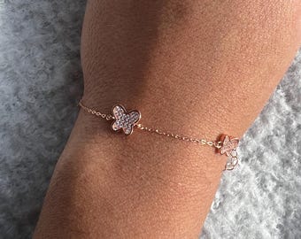 Adjustable Sterling Silver Rose Gold Butterfly Bracelet, Dainty Pearl Chain Jewelry