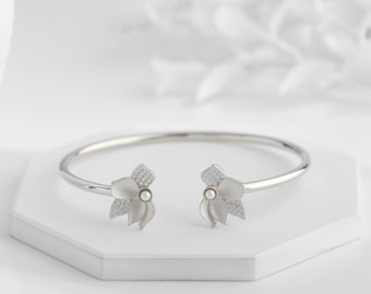 Diamond Cuff Bracelet,Adjustable Women Bracelet,Bangle Bracelet in Sterling Silver, Everyday Bracelet,Floral engagement and wedding bracelet