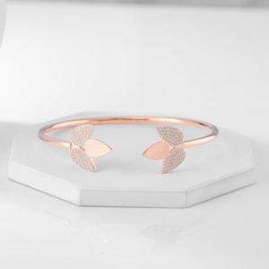Flexible Leaves Diamond Bracelet | Rose Gold Bangle Bracelet in Sterling Silver | Cuff bracelet for mom | Cluster Diamond Charm Bracelet