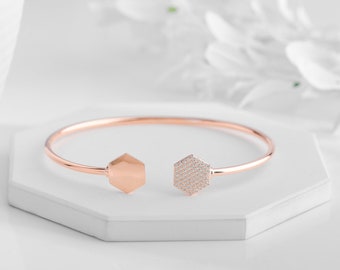 Rose Gold Diamond Cuff Bracelet | Adjustable Diamond Bangle Bracelet in Sterling Silver | Stylish Everyday Bracelet | Hexagon Diamond Cuff