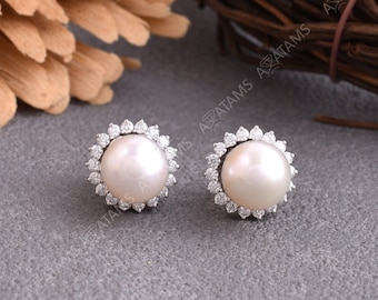 Pearl Floral Diamond Earrings | Freshwater Pearl Earrings with Floral Earring Jacket in 925 Sterling Silver | Diamond Flower Halo Studs