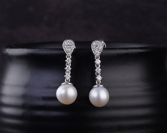 Tear Drop Pearl Earrings | Diamond Pearl Earrings. Wedding Gift. Freshwater Pearl Earrings |Bridesmaid Gift Dangling Silver Earrings For Her