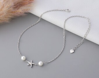 Silver Star Fish Pearl Bracelet | Fine Chain Bracelet in Sterling Silver | Delicate Every day Bracelet | Gift for partner | Dainty Bracelet