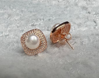 Pearl Halo Diamond Stud Earring | Fusion Pearl stud Earrings in 925 Sterling Silver | Diamond Earring with Natural Pearls Rose Gold