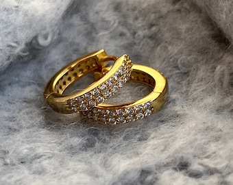 Gold Diamond Hoop Earrings. Simple Everyday Double Row Diamond Hoop Earrings in Sterling Silver in Rose Gold, yellow gold, silver Small Hoop
