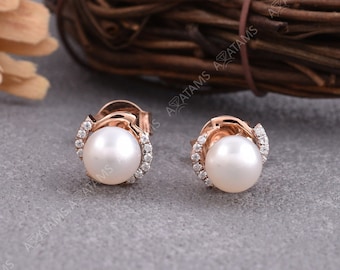 Real Pearl Earrings, Small Pearl Studs, 10 Kt Gold Earring, Small Diamond Studs, 10 Kt Gold Jacket 22 Pieces Diamond Pearl Stud Earrings