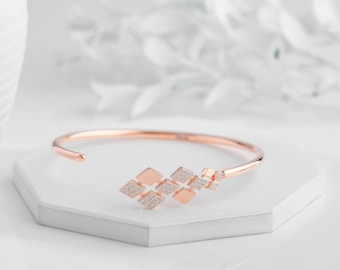 Rose Gold Women Diamond Cuff Bracelet | Adjustable Diamond Bangle Bracelet in Sterling Silver | Unique Everyday Bracelet | Rhombus Bracelet