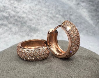 Rose Gold Triple Row Hoop Earrings | Multi Row Diamond Hoop Earrings in Sterling Silver | Three Row Diamond Hoop | Same Day Shipping