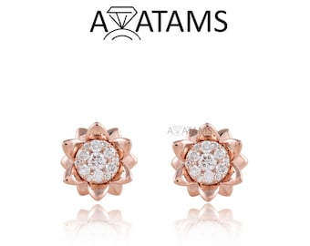 Diamond Floral Earrings and Earring Jacket | Lotus Studs in 10Kt Gold | 11.5mm Rose Gold Diamond Lotus Earrings & Convertible Earring Jacket