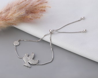 Silver Moon Bird Diamond Bracelet | Loose Chain Bracelet in Sterling Silver | Everyday Bracelet | Valentine Gift | Adjustable Bracelet gifts