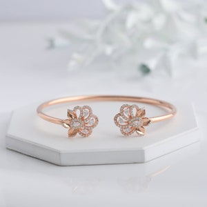 RoseGold Flower Diamond Cuff Bracelet | Adjustable Women Bangle Bracelet in Sterling Silver | Everyday Bracelet | Floral Engagement Bracelet