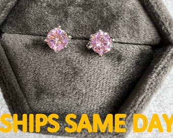 Round Pink Tourmaline Studs Sterling Silver and diamonds-October Birthstone Earrings-1.5 carat total weight 6 mm/ Oct Birthday gift
