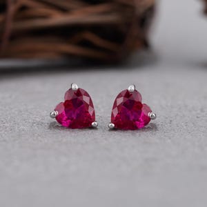 Heart cut Pink ruby diamond earring studs in 925 sterling silver. Pink ruby diamond studs for her. Birthday gift. Dark pink ruby gemstone.