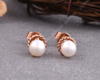 Fusion Pearl Earrings with Jacket | White Pearl Stud Earrings in 10kt Gold | Pearl Round Earrings with Rose Gold Earring Jacket Modern Look