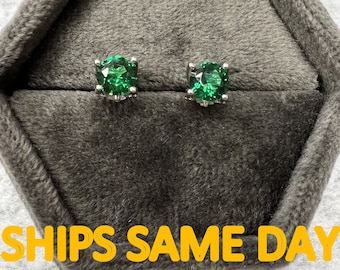 Sterling Silver and man made diamond earring. May Birthstone Earrings-1.5 carat total weight Green Emerald Stud Earrings. Bridesmaid Gift.