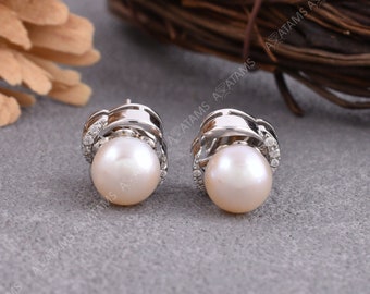Pearl Stud Earrings with Jacket | Fusion White Pearl Earrings in 925 Sterling Silver | Round Earrings with Earring Jacket Everyday Occasion