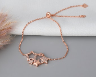 Rose Gold Shining twin Stars Bracelet | Loose Bracelet in Sterling Silver | Adjustable Everyday Bracelet | Engagement Gift | Dainty Bracelet