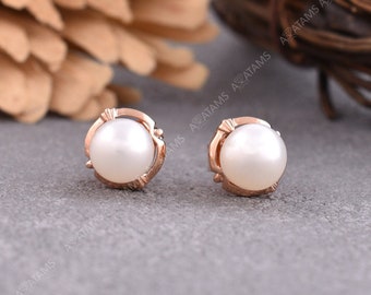 Freshwater Pearl Stud Earring with Rose Gold Jacket | White Pearl Earrings in 10kt Gold | Pearl Halo Studs Day to Night Transitional Look